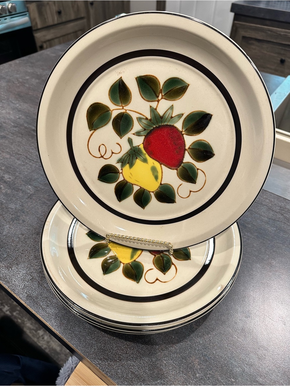 Sears “Strawberries” freezer to oven stoneware dinner plates. Pattern No. 4112